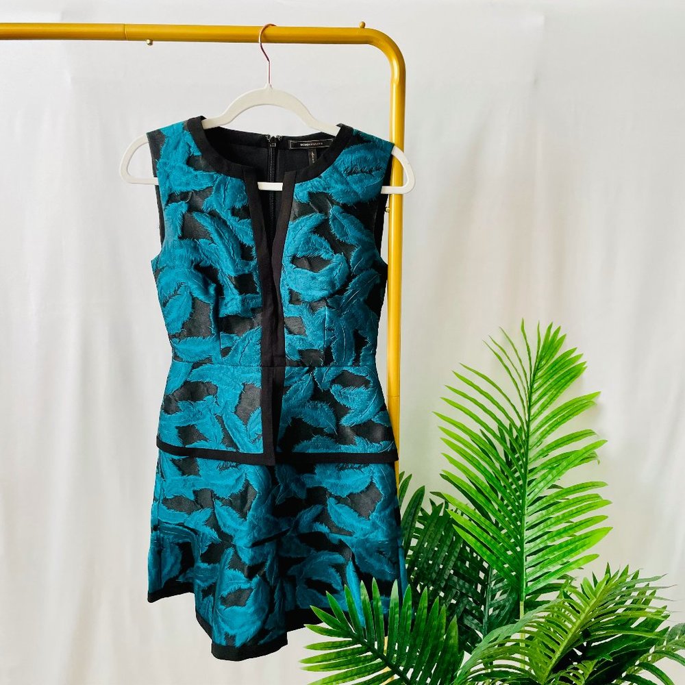 BCBG Suni Black Teal Feather Peplum Dress